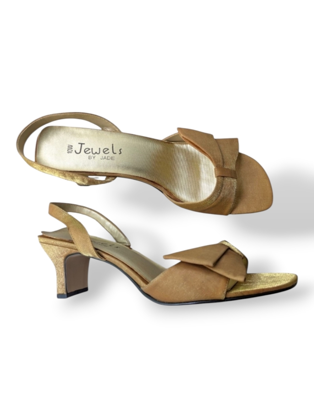 Jewels By Jade Gold Bow Square Open Toe Sling Back Heels Vintage 10W Wide Width
